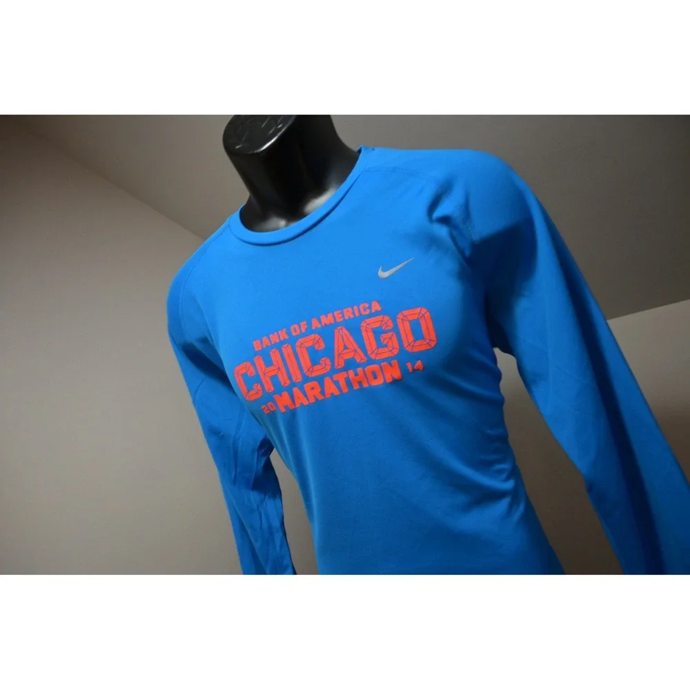 Nike Running Shirt Mens Large Blue Chicago Marathon 2014 Dri-FIT LS Excellent